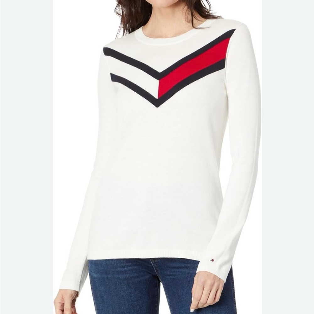 Tommy Hilfiger Women's White Sweater with Red and Navy Accents